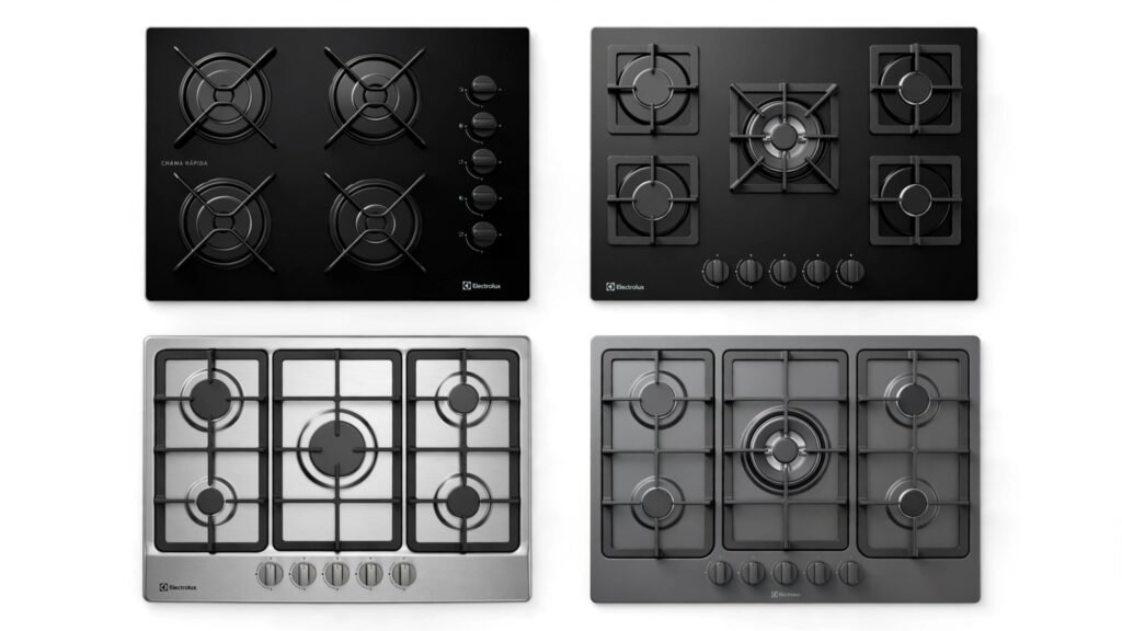 Comparativo de design e acabamento entre os fogões Electrolux FE4GB, FE5GB, FE5DC e FE5EC