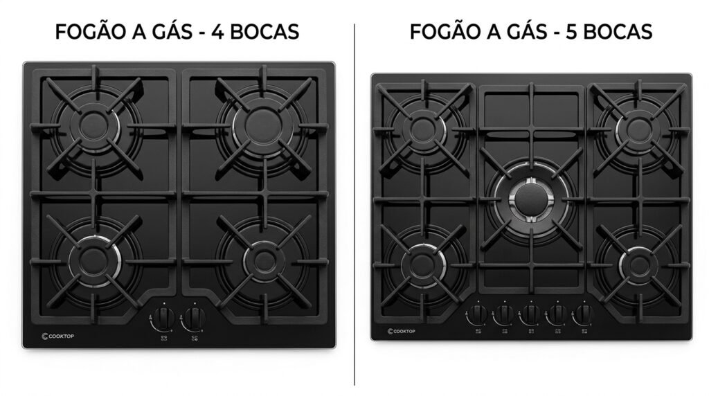 Comparativo do número de bocas entre os fogões Electrolux FE4GB de 4 bocas e os modelos de 5 bocas