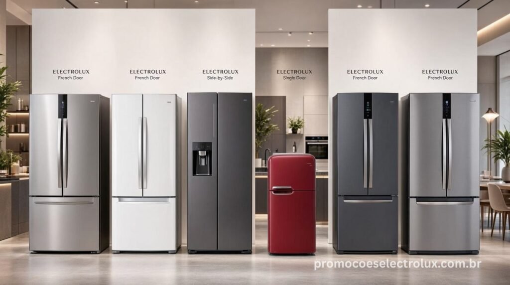 Linha completa de geladeiras Electrolux dispostas lado a lado para comparação