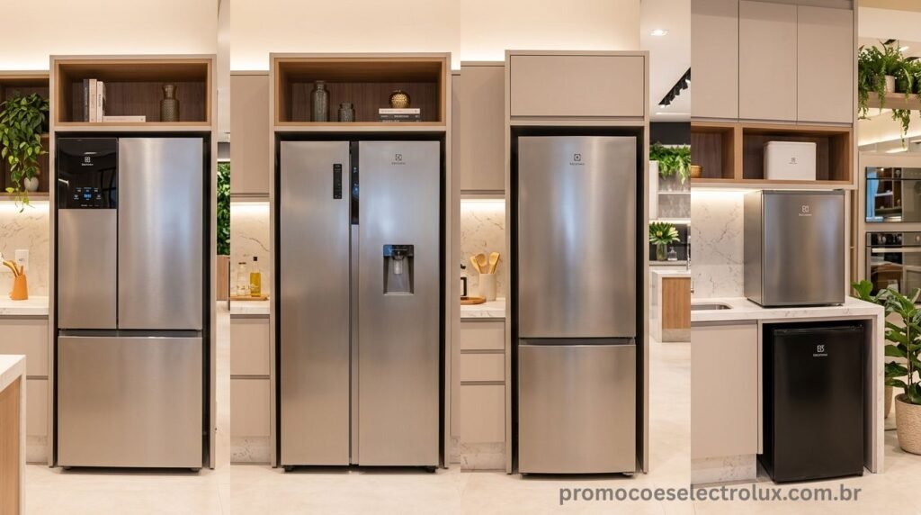 Comparativo visual entre os quatro tipos de geladeiras Electrolux em cozinhas modernas