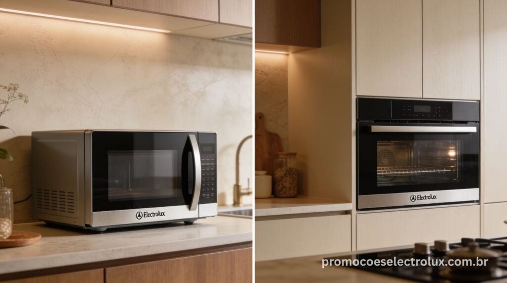 Comparativo visual entre micro-ondas de bancada e micro-ondas de embutir Electrolux em cozinhas modernas