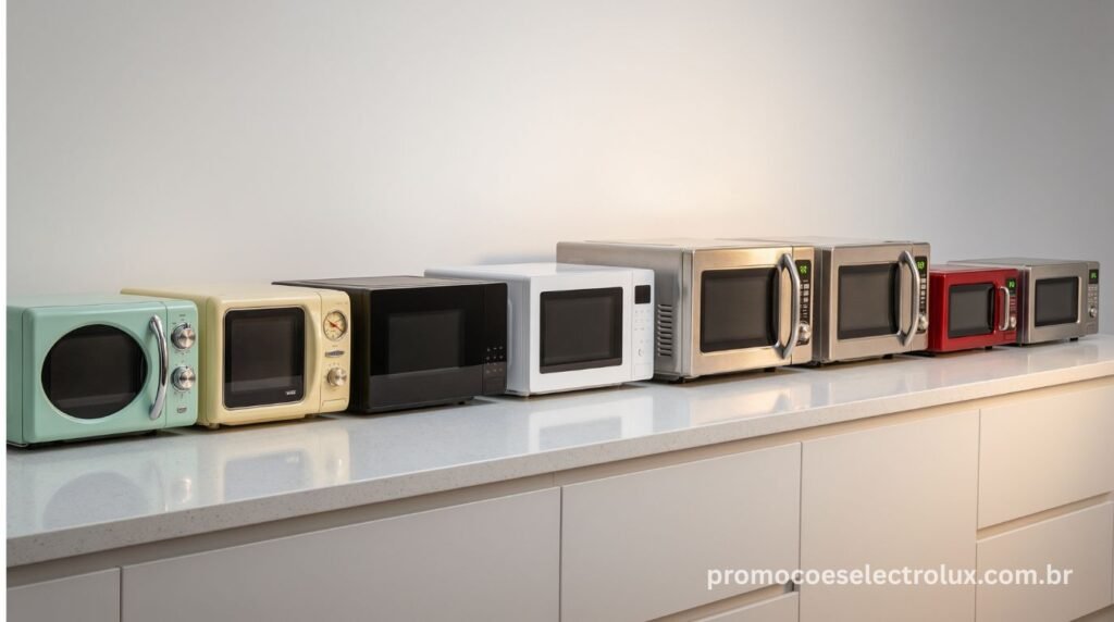 Linha completa de micro-ondas Electrolux dispostos lado a lado para comparação