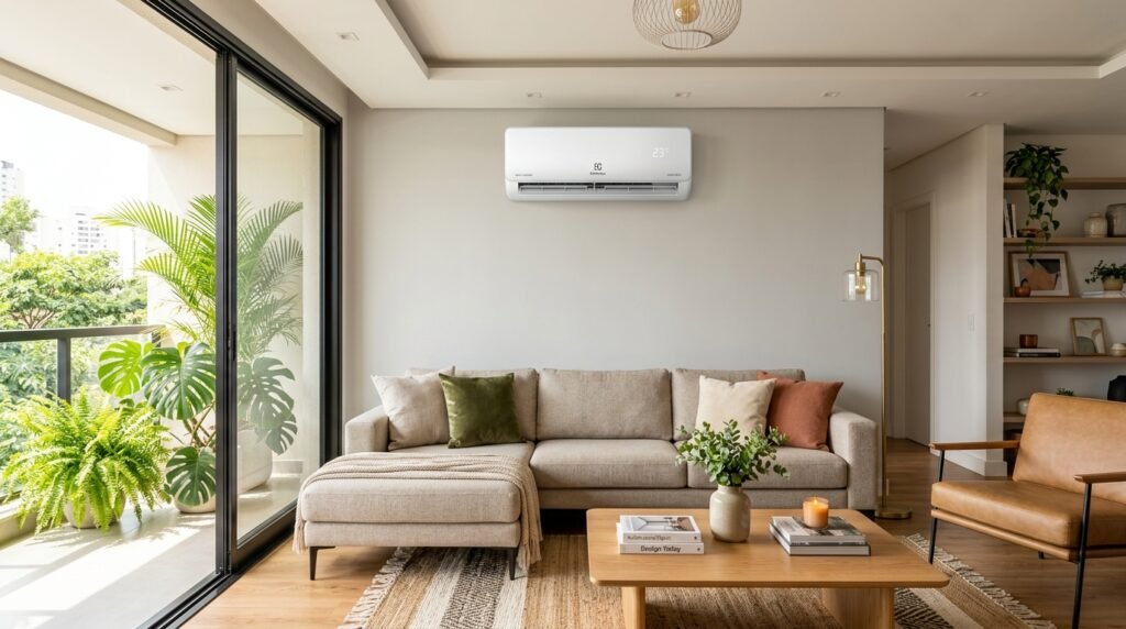Ar-Condicionado Electrolux Split Inverter 12.000 BTUs instalado em sala moderna