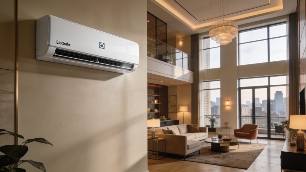Ar-Condicionado Electrolux Split 18.000 BTUs Quente/Frio instalado em sala grande e moderna