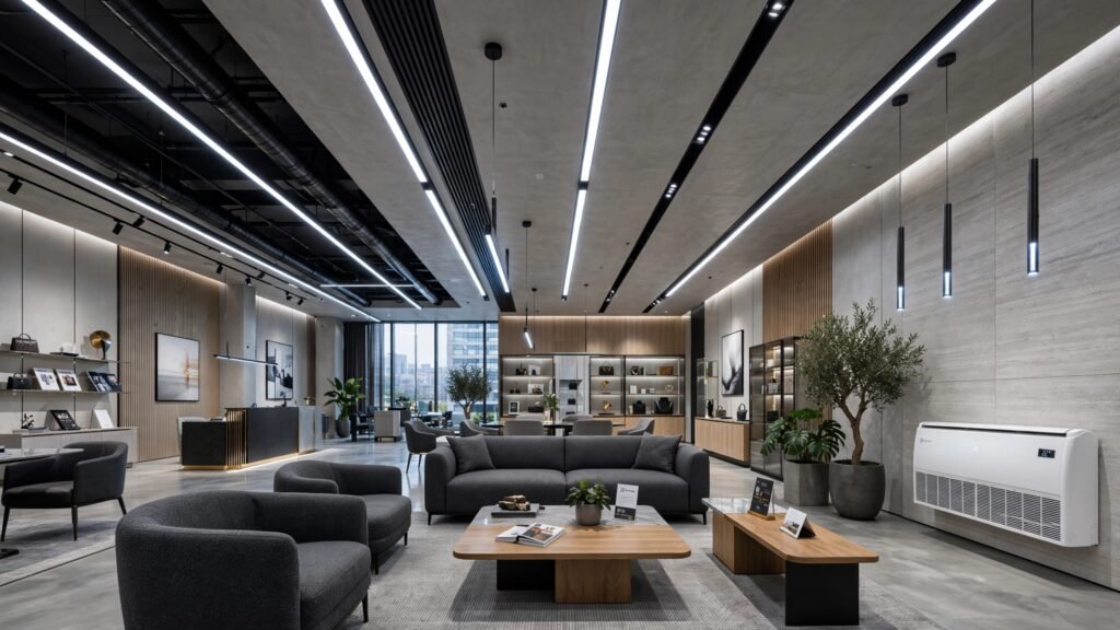 Ar-Condicionado Electrolux Split Inverter Piso Teto 60.000 BTUs Efficient instalado em espaço comercial amplo