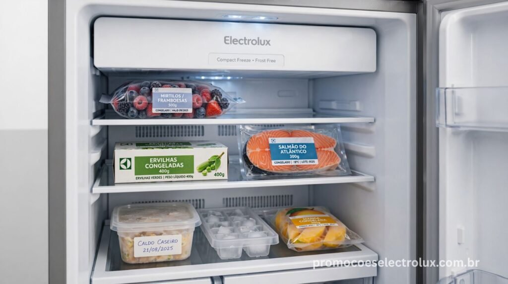 Compartimento Super Freezer da Geladeira Electrolux DC35A com alimentos bem conservados