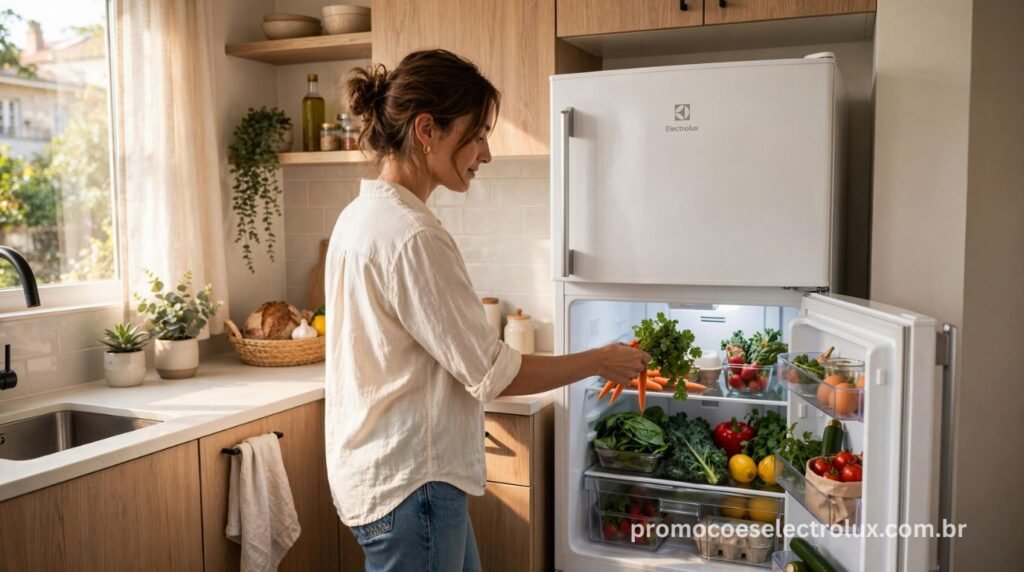 Pessoa utilizando a Geladeira Electrolux DC35A em cozinha compacta no dia a dia