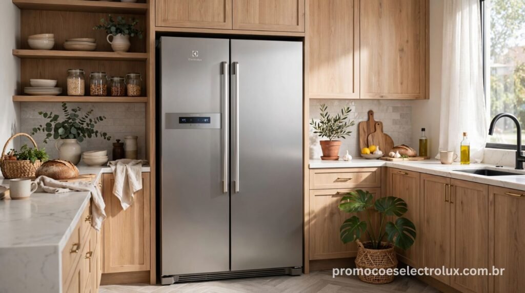 Geladeira Electrolux DFX41 Inox integrada a uma cozinha moderna e elegante