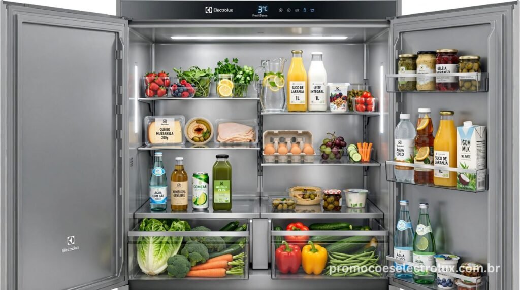Interior da Geladeira Electrolux DFX41 mostrando compartimentos organizados e prateleiras