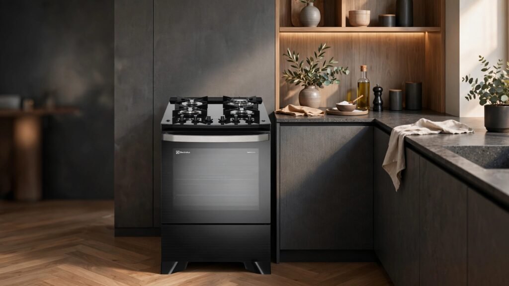 Fogão Electrolux 4 Bocas Experience FE4CP com PerfectCook Preto em cozinha moderna
