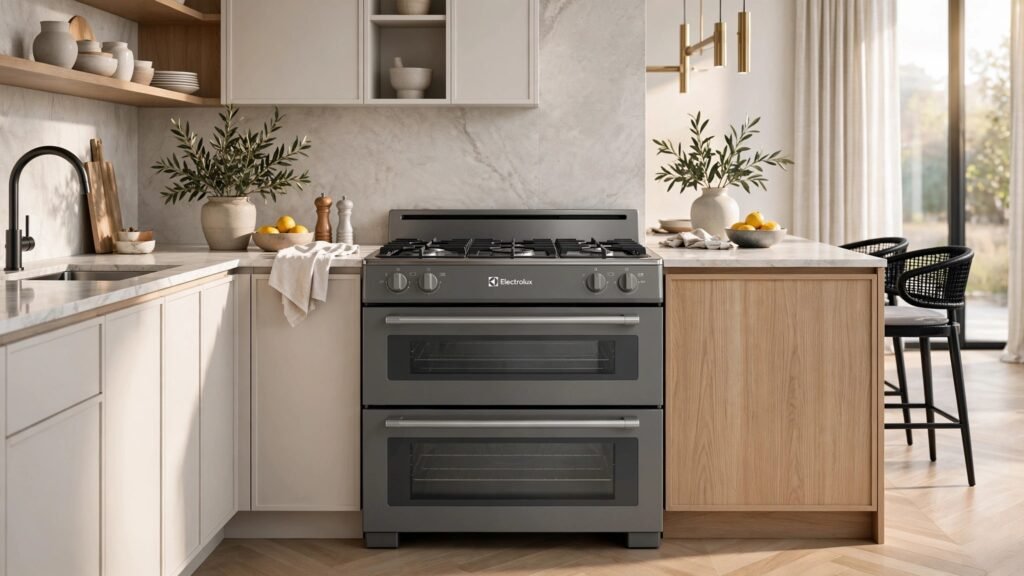 Fogão Electrolux FE4DG Cinza posicionado em uma cozinha moderna e contemporânea