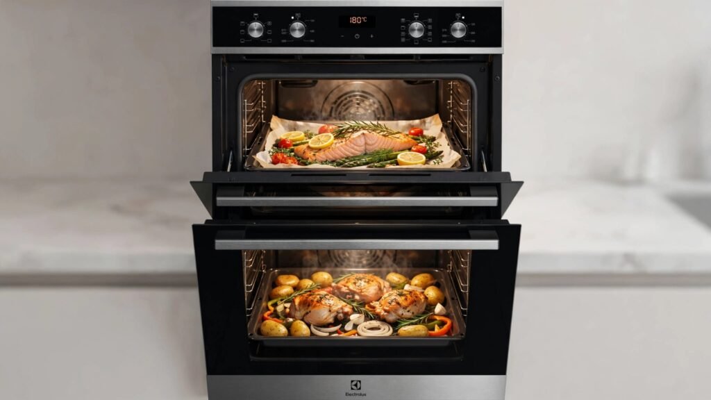 Duplo forno do Fogão Electrolux FE4DG com dois compartimentos independentes abertos mostrando preparos diferentes