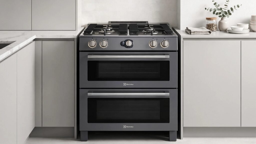 Fogão de Piso Electrolux FE4DG 4 Bocas Experience Cinza com Duplo Forno e Mesa de Vidro em cozinha moderna