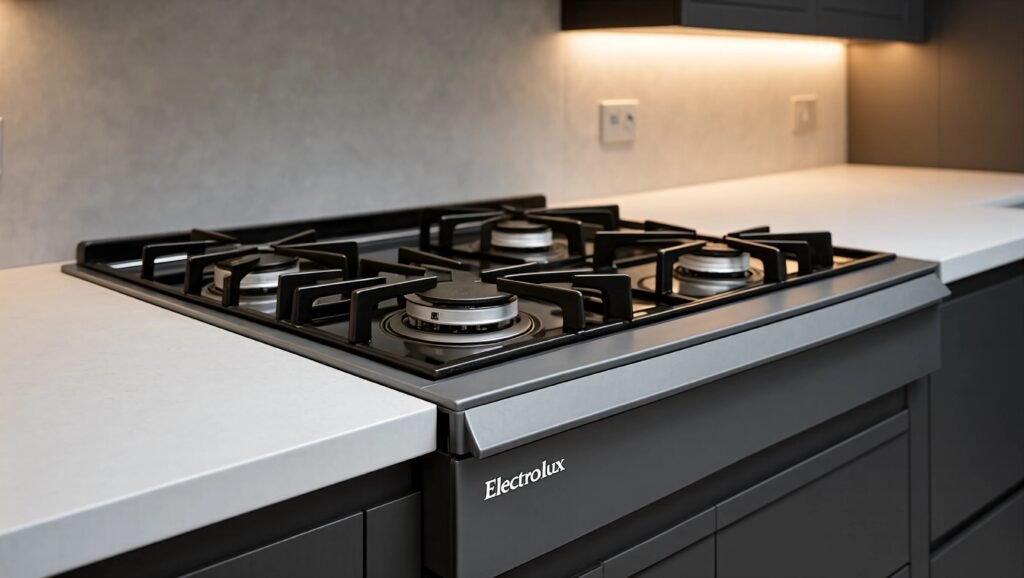 Fogão de Embutir Electrolux FE4EG 4 Bocas Cinza Experience instalado em cozinha planejada moderna