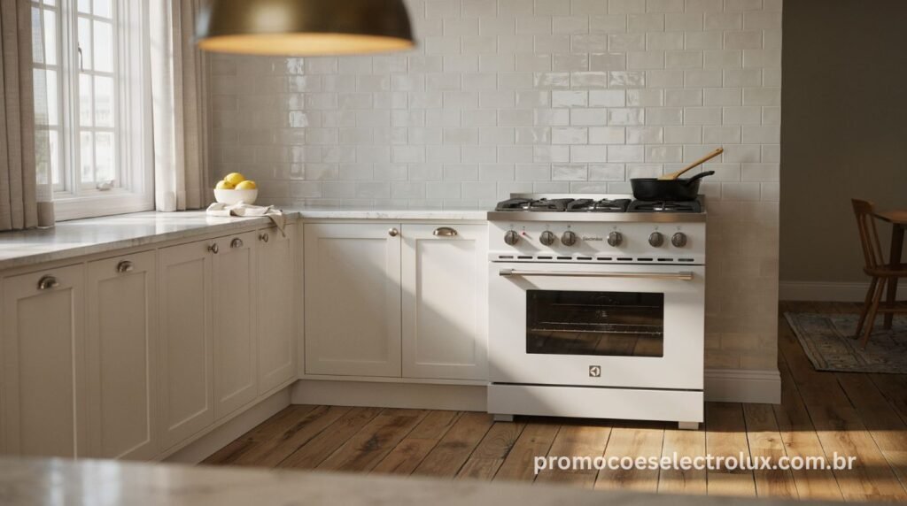 Fogão Electrolux FE4IW Branco posicionado em uma cozinha clássica e elegante