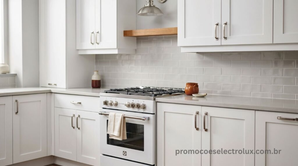 Fogão Electrolux FE4IW 4 Bocas Efficient Branco com Mesa Inox PerfectCook e VaporBake em cozinha moderna