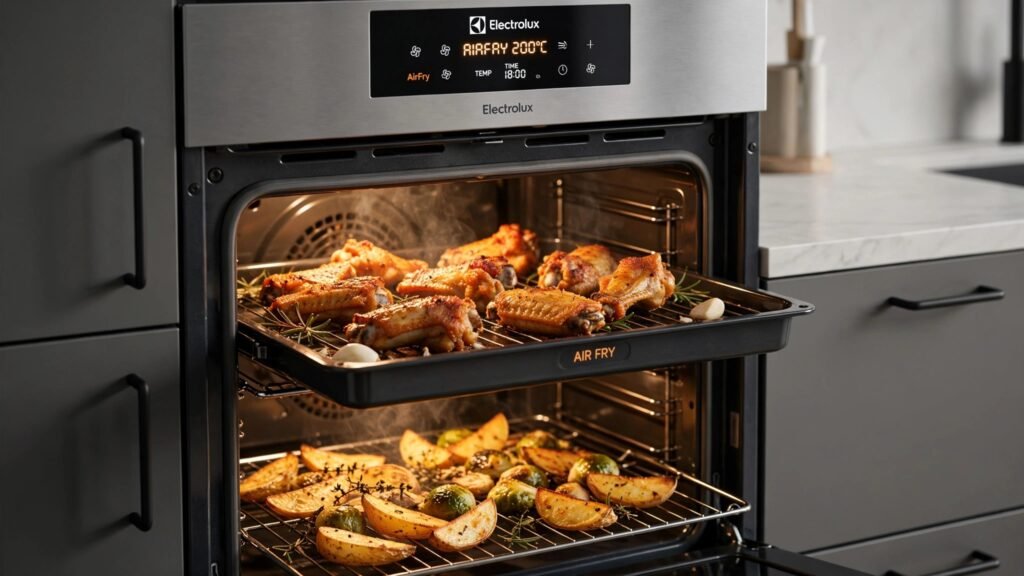 Duplo forno do Fogão Electrolux FE5AD com função Air Fryer preparando alimentos crocantes