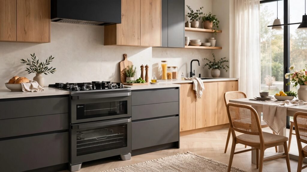 Fogão Electrolux FE5AD Cinza posicionado em uma cozinha moderna e bem equipada