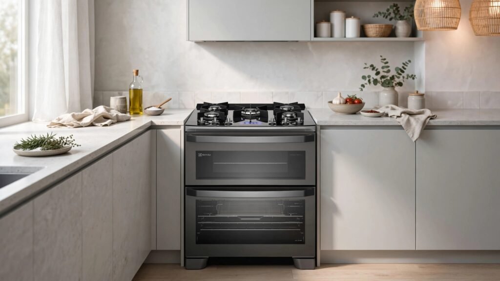 Fogão Electrolux 5 Bocas Expert FE5AD Cinza com Duplo Forno e Air Fryer em cozinha moderna