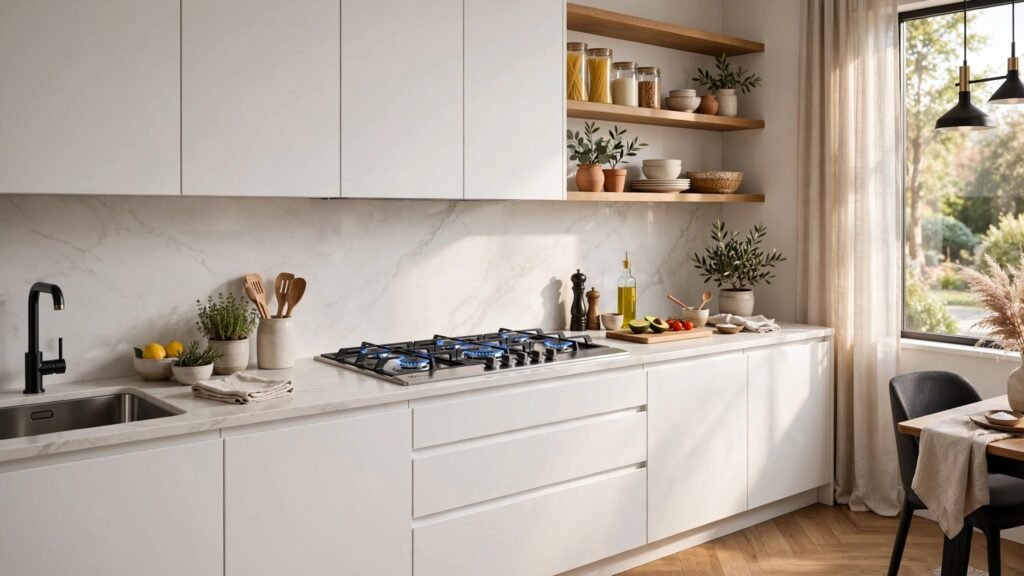 Cozinha planejada moderna com Fogão de Embutir Electrolux FE5EB instalado e integrado à marcenaria