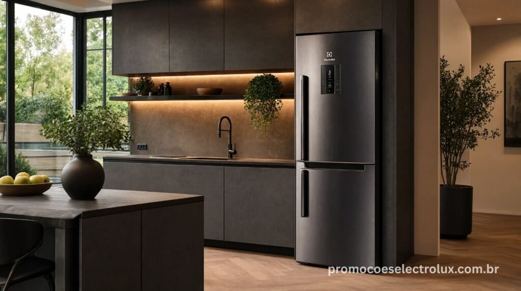 Geladeira Electrolux IB6B Black Inox integrada a uma cozinha contemporânea moderna