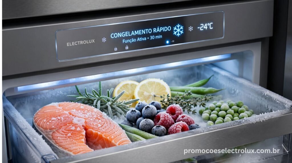 Compartimento freezer da Geladeira Electrolux IB6B com função Rapid Freeze em destaque