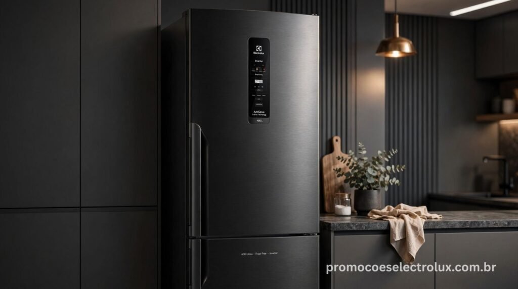 Geladeira Electrolux Frost Free Inverter IB6B 400L Black Inox em cozinha moderna