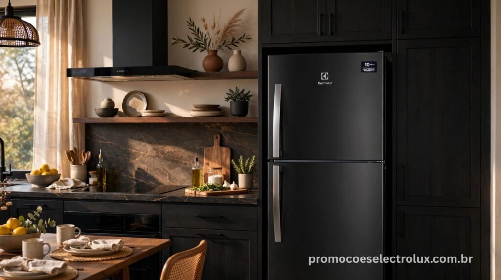 Geladeira Electrolux IF41B Black Inox Look integrada a uma cozinha moderna e contemporânea