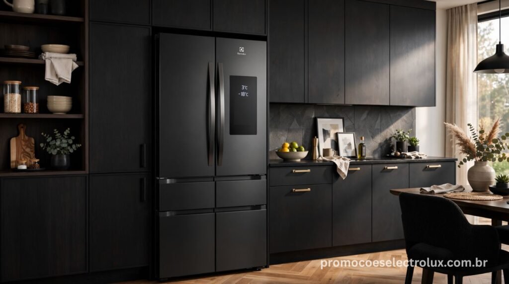 Geladeira Electrolux Multidoor IM8B Black Inox integrada a uma cozinha contemporânea moderna