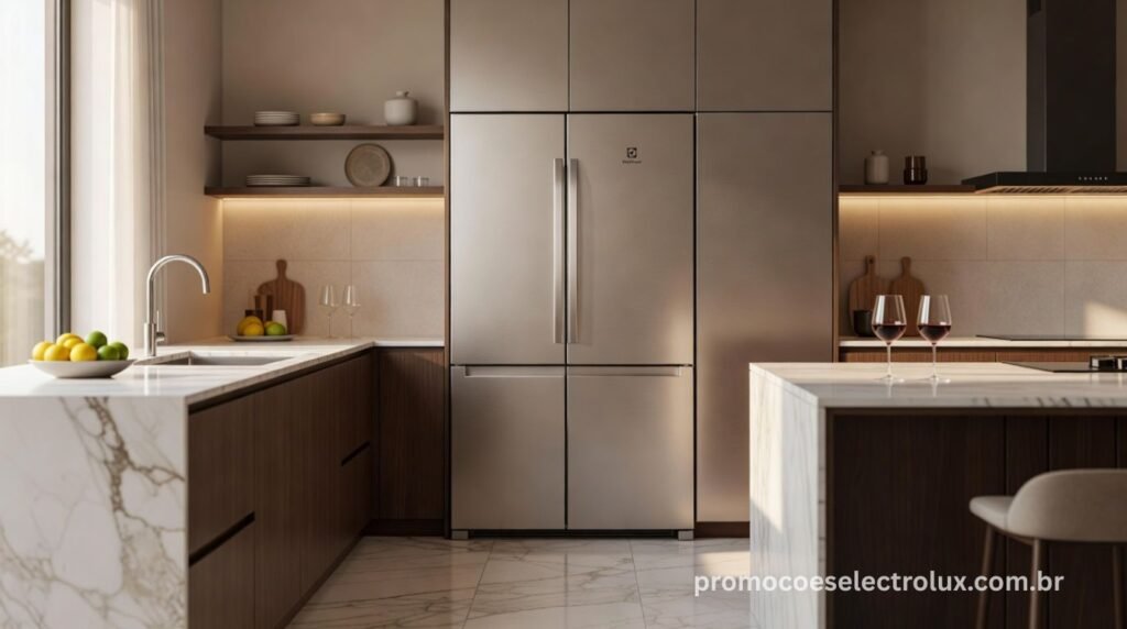 Geladeira Electrolux Multidoor IM8IS integrada a uma cozinha moderna de alto padrão