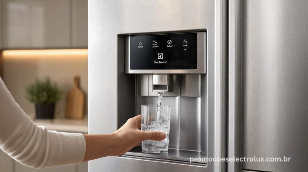 Dispenser de água e gelo integrado da Geladeira Electrolux Multidoor IM8IS sendo utilizado