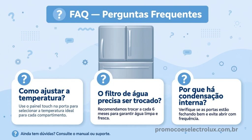 Dúvidas frequentes sobre a Geladeira Electrolux Frost Free Inverter IM8S Inox Look 3 Portas