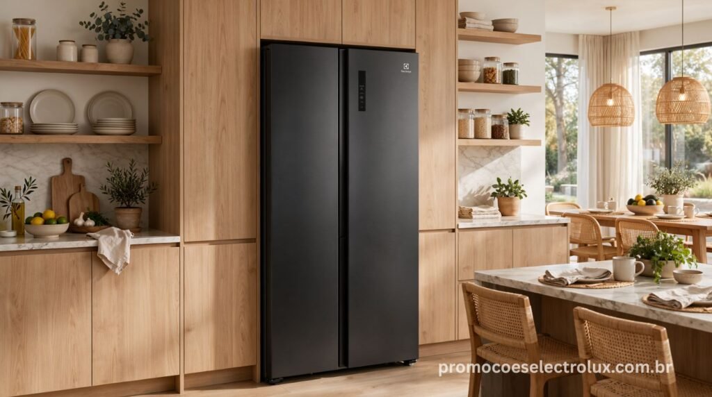 Geladeira Electrolux Side by Side IS4S integrada a uma cozinha moderna e elegante