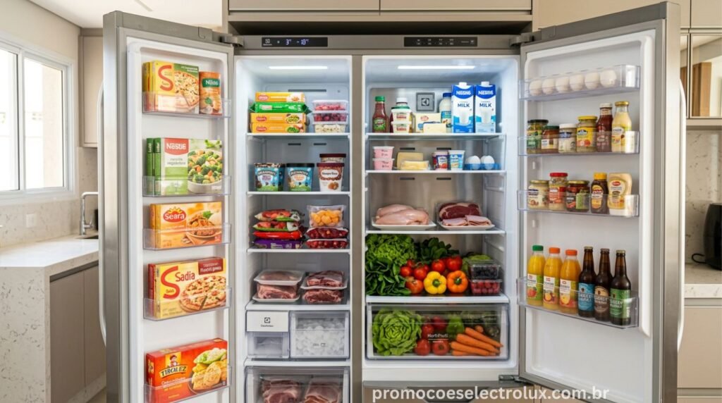 Interior da Geladeira Electrolux Side by Side IS4S mostrando os compartimentos do refrigerador e do freezer