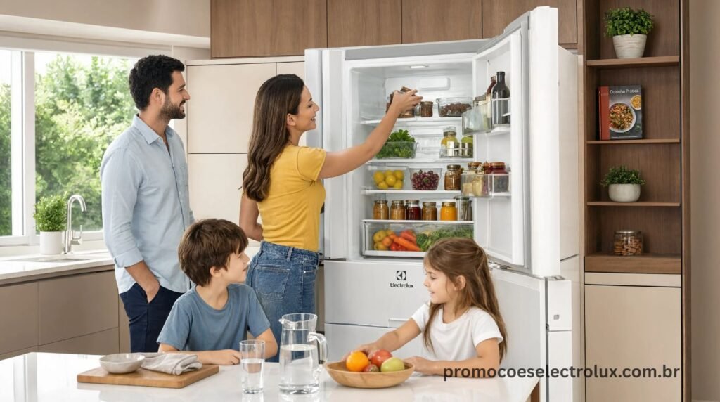 Família utilizando a Geladeira Electrolux IT70 Branca na cozinha para organizar alimentos