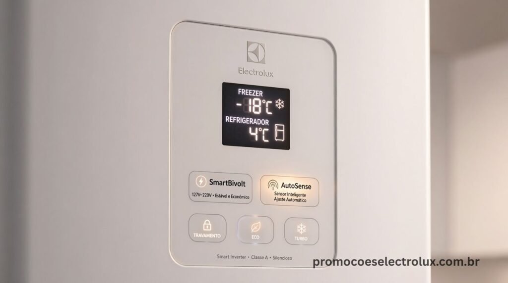 Painel de controle da Geladeira Electrolux IT70 com tecnologia SmartBivolt e AutoSense em destaque
