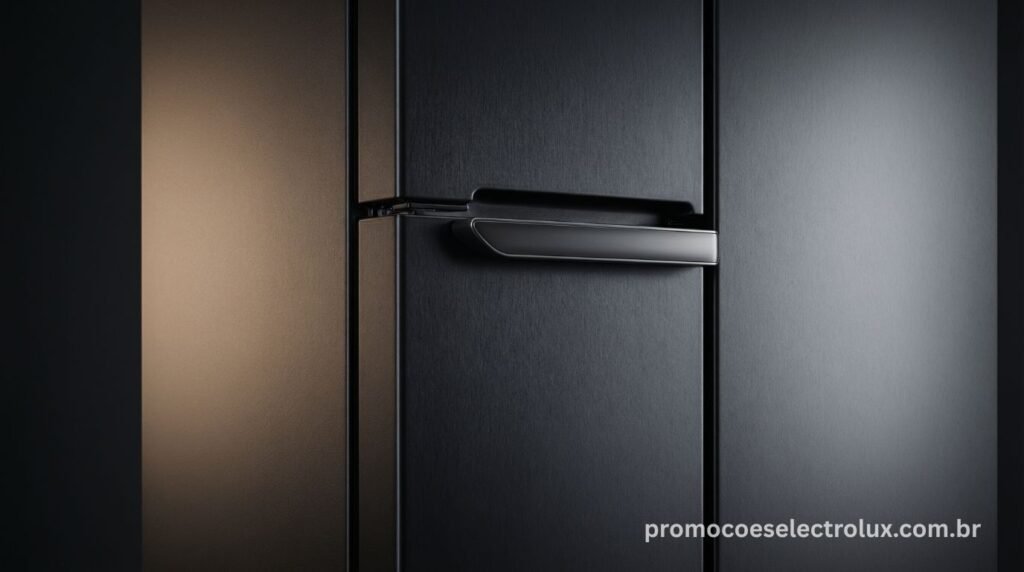 Detalhe do acabamento Black Inox Look da Geladeira Electrolux IT70B com alça e painel de controle