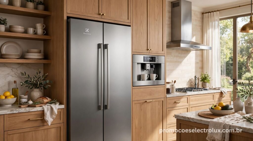 Geladeira Electrolux IT70S Inox integrada a uma cozinha moderna e sofisticada