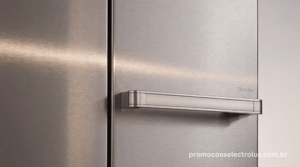 Detalhe do acabamento inox sofisticado da Geladeira Electrolux IT70S com alça e painel de controle