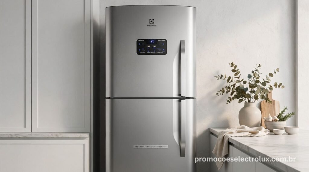 Geladeira Electrolux Frost Free Inverter IT70S 480L Inox em cozinha moderna sofisticada