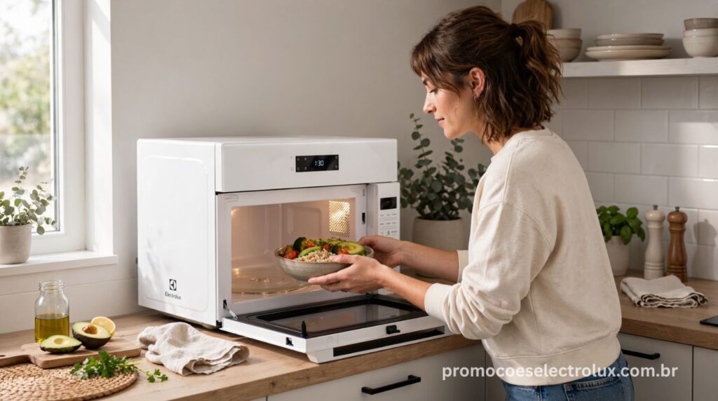 Pessoa utilizando o Micro-ondas Electrolux ME23B na cozinha para aquecer alimentos