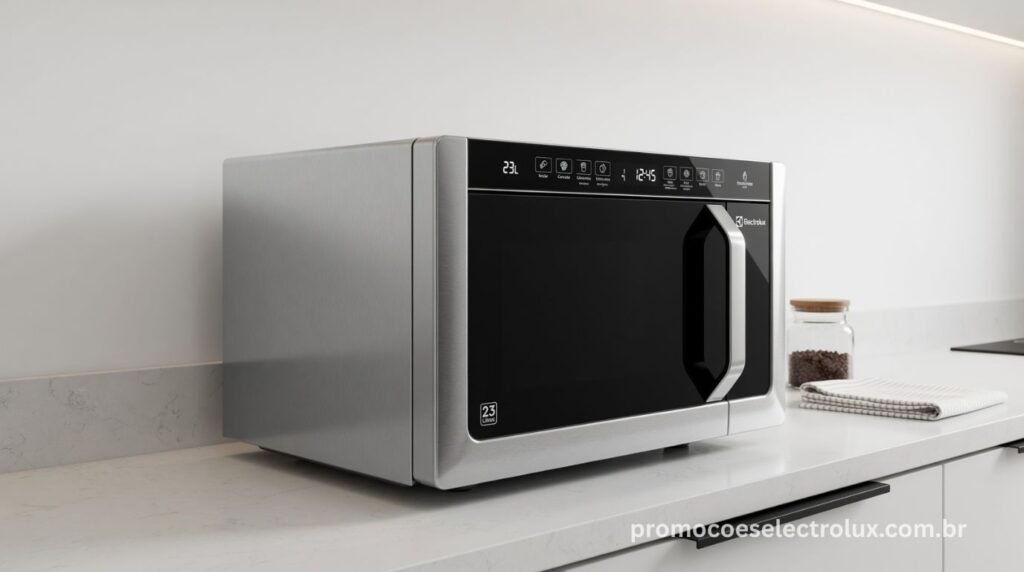 Micro-ondas Electrolux ME23S 23L Inox Efficient sobre bancada de cozinha moderna