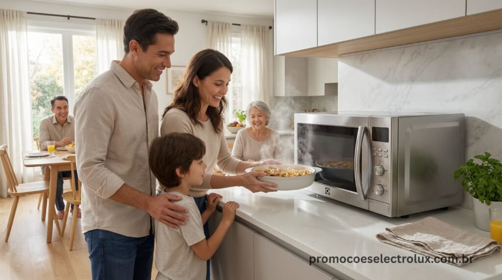 Família utilizando o Micro-ondas de Bancada Electrolux Efficient ME36S Prata na cozinha