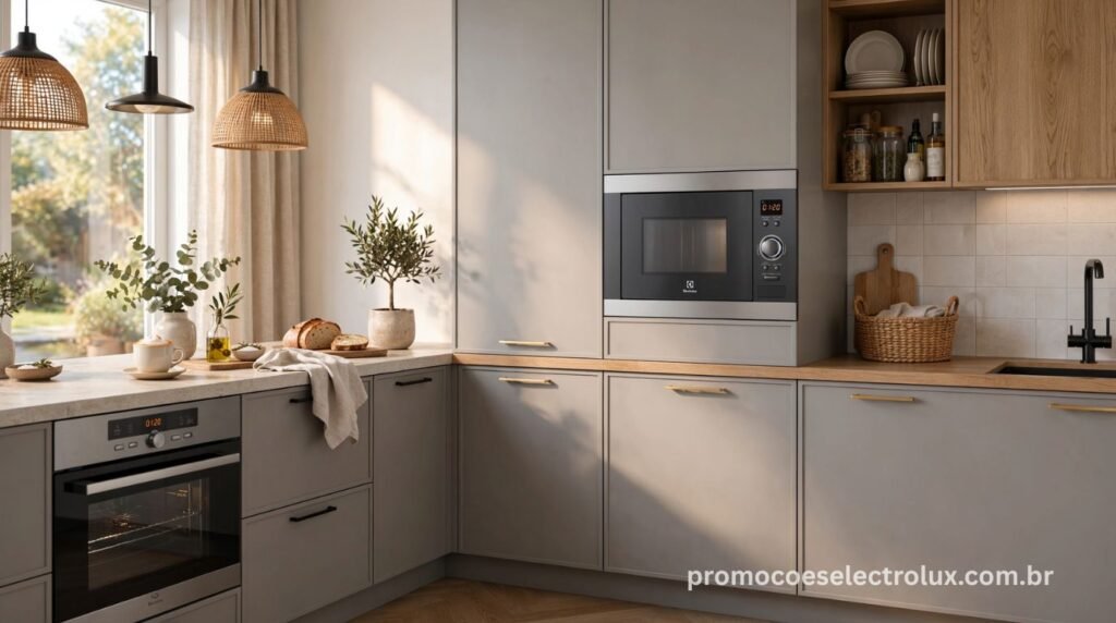 Cozinha planejada moderna com Micro-ondas de Embutir Electrolux ME3BC instalado em armário