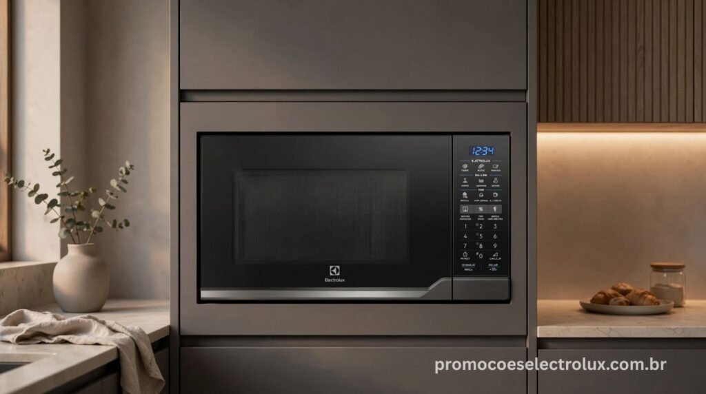 Micro-ondas de Embutir Electrolux ME3BC 34L Experience Cinza instalado em cozinha planejada