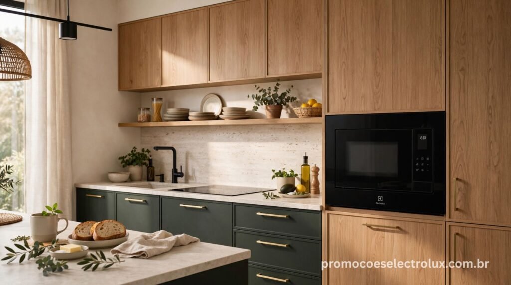 Cozinha planejada moderna com Micro-ondas de Embutir Electrolux ME3BP preto instalado em armário