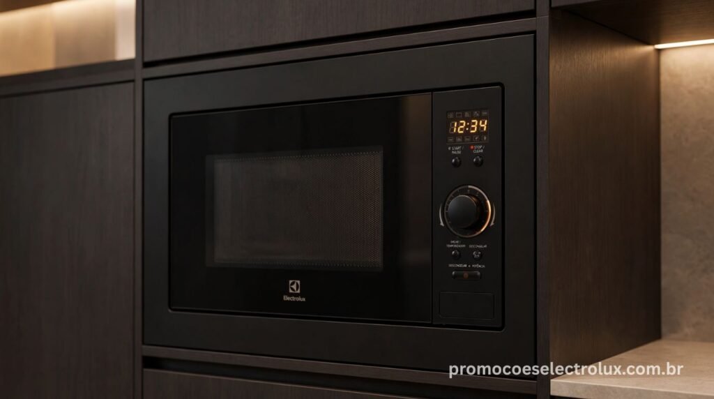 Detalhe da instalação do Micro-ondas de Embutir Electrolux ME3BP preto em armário de cozinha planejada