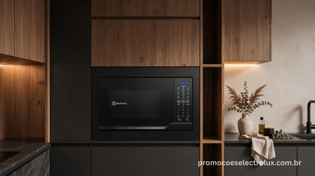 Micro-ondas de Embutir Electrolux ME3BP 34L Preto Experience instalado em cozinha planejada moderna
