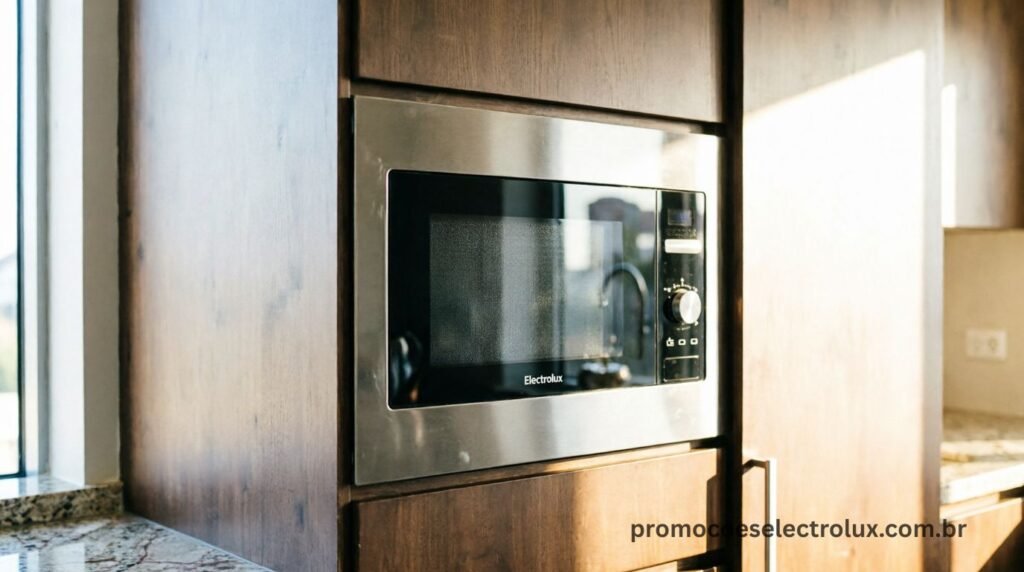 Cozinha planejada de alto padrão com Micro-ondas de Embutir Electrolux ME3HP Inox instalado em armário