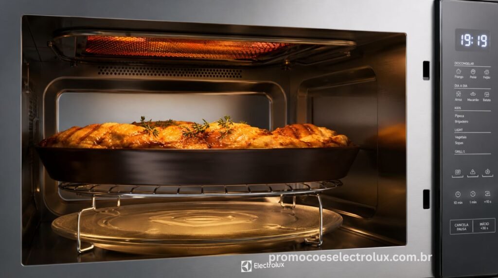 Alimentos sendo grelhados e dourados na função grill do Micro-ondas de Embutir Electrolux ME3HP